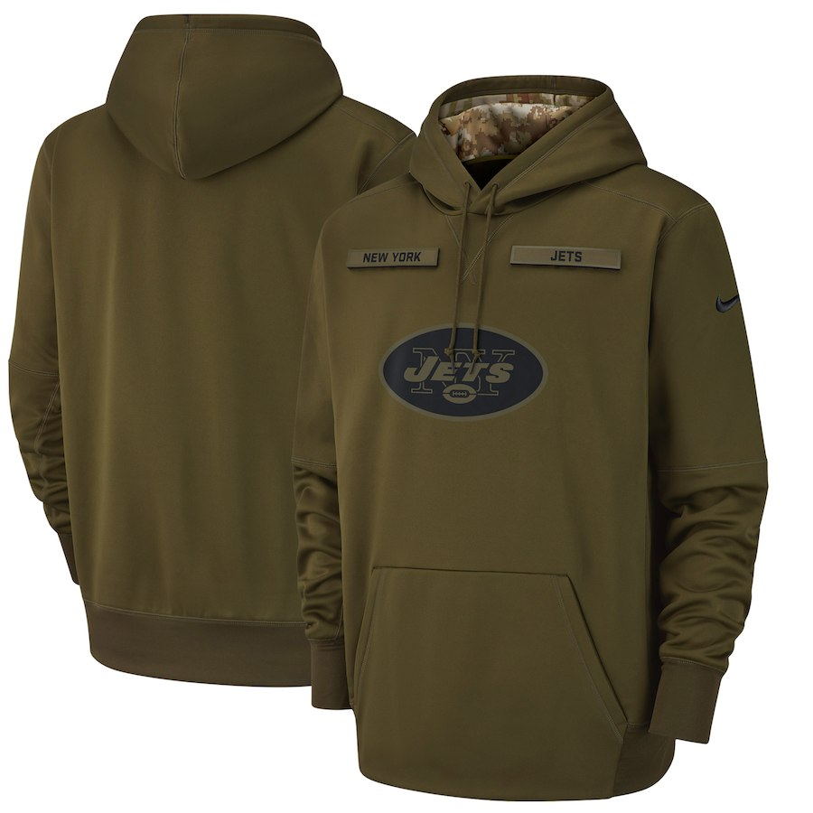 Men's New York JETS Olive Salute to Service Sideline Therma Performance Pullover 2018 NFL Hoodie